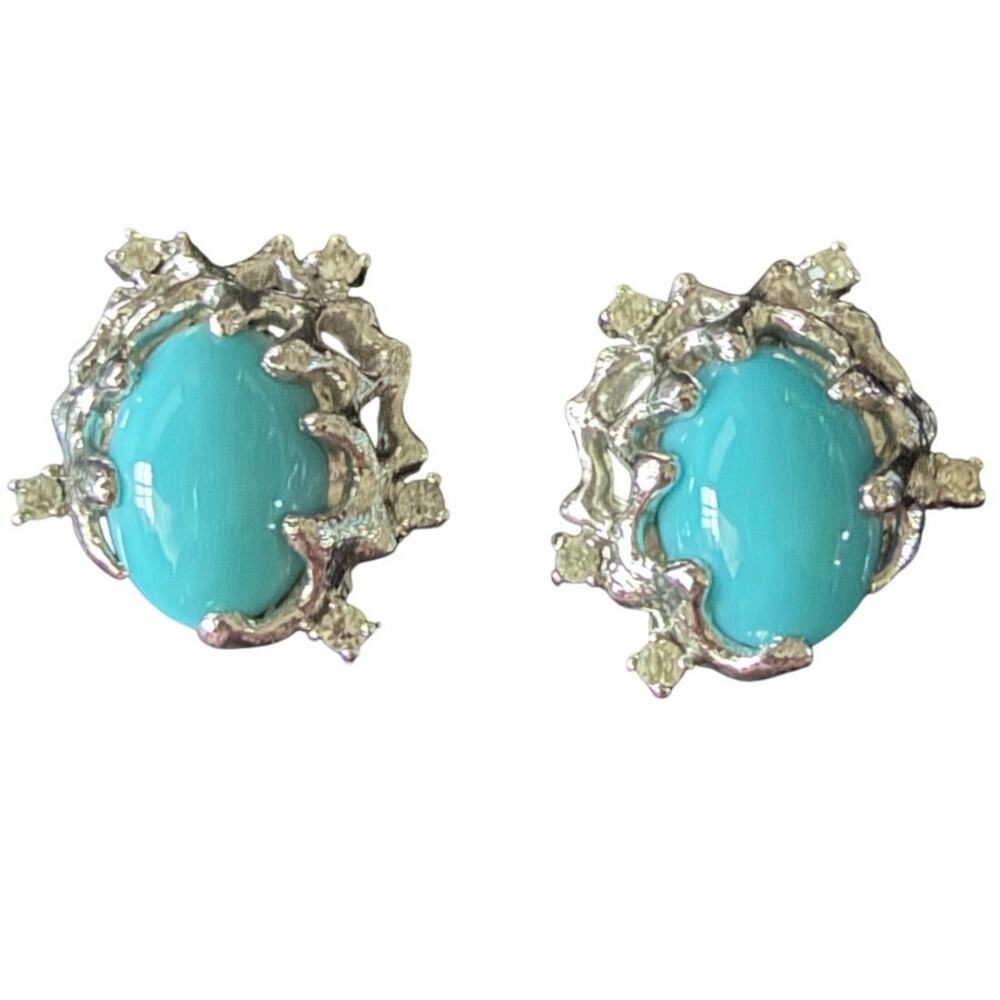 Vintage Jomaz silver tone metal turquoise color clip on earrings joseph mazer